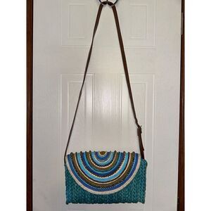 Sun N’ Sand Straw Beaded Purse Bag Blue Boho Crossbody 12X9X2